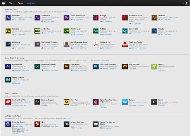 Una serie di programmi da Adobe Creative Cloud