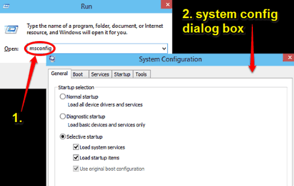 Comando e menu Msconfig aperti con esso