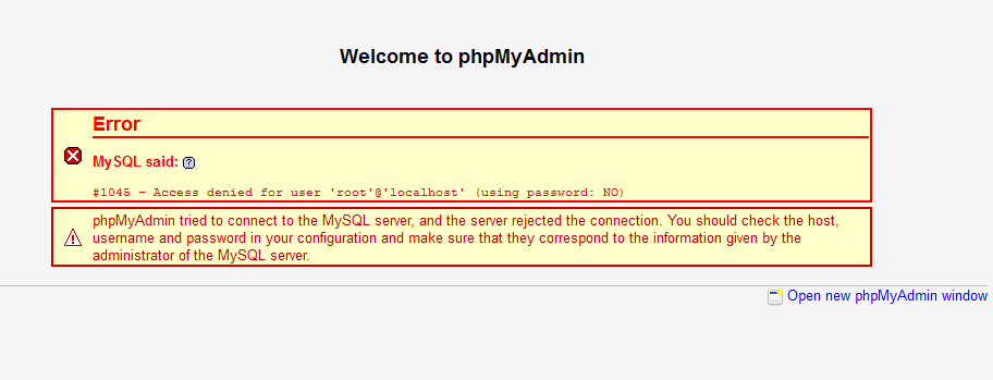 phpMyAdmin utilizza l'immissione automatica della password, quindi l'errore è accompagnato da (Uso della password: NO)