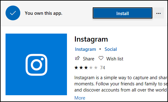 Instagram nel mercato di Windows